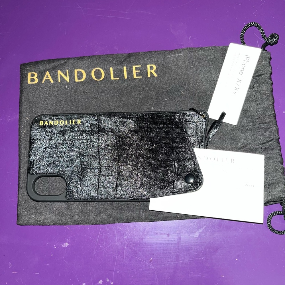 Bandolier black velvet phone case crossbody strap fits IPhone X & XS card slot